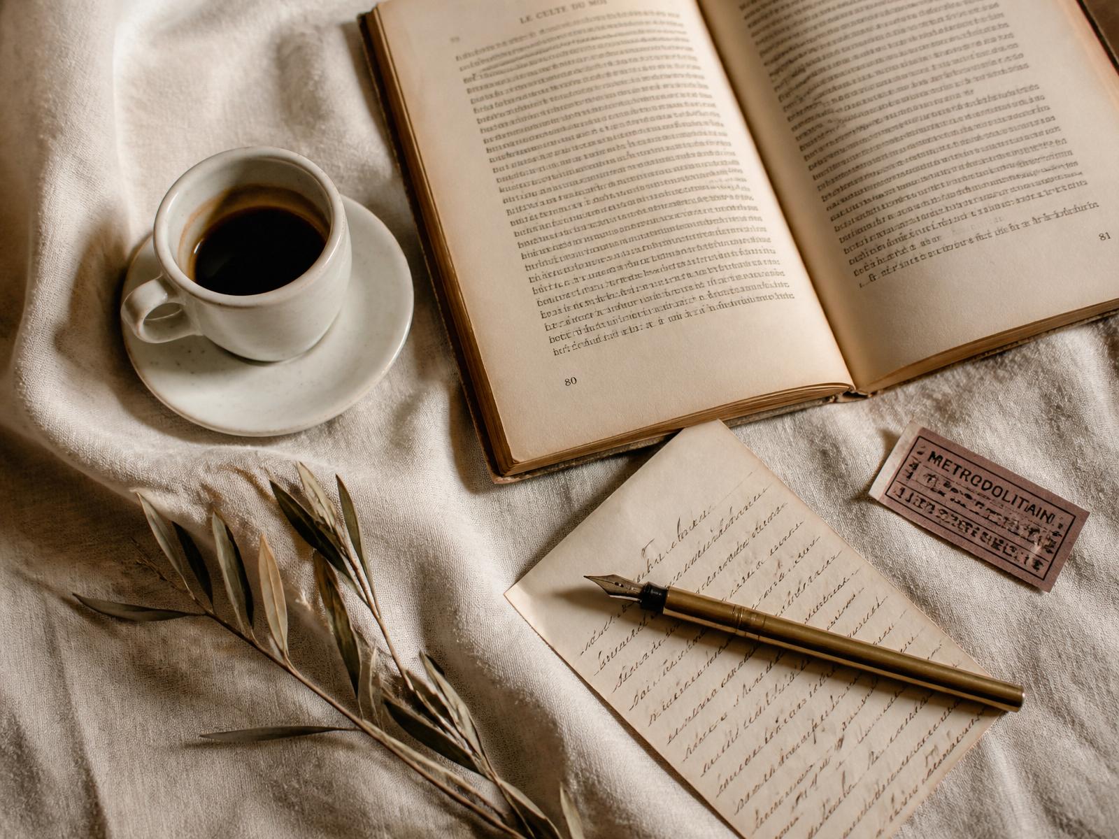 Стара французька книга, маленька кава, перо на рукописному листі та квиток паризького метро на теплому льоні
